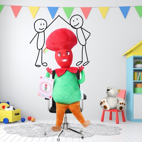 Mr Cutesy Myllo with a teddy bear in the child's bedroom.