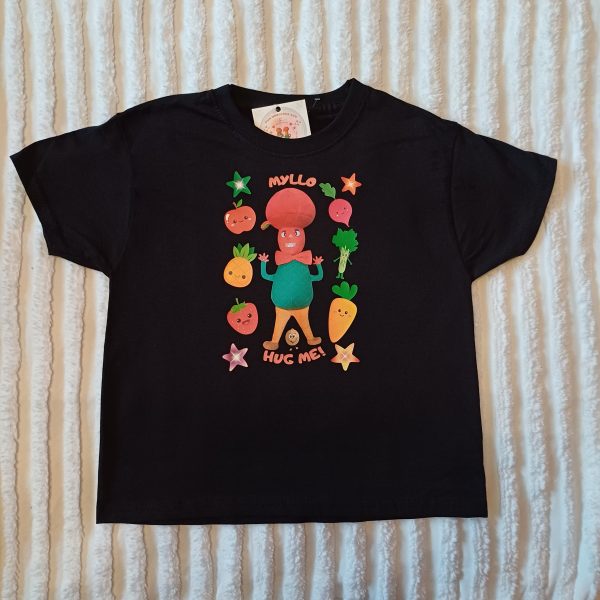 Front view of Mr Cutesy Myllo black T-shirt with a bright, colourful logo design.