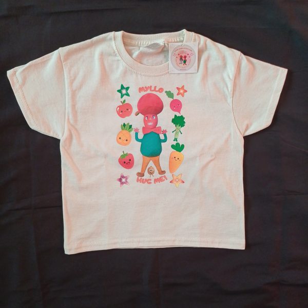 Front view of Mr Cutesy Myllo white T-shirt with a fun and colourful plushie-themed design.