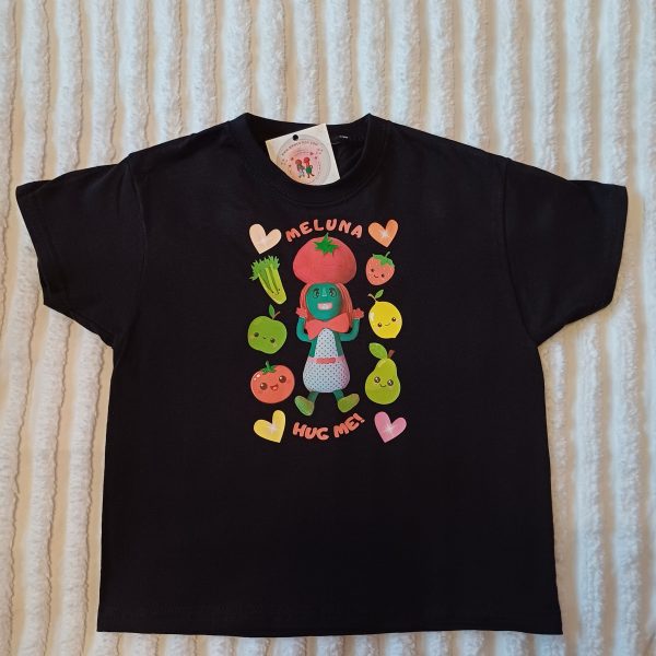 Front view of Miss Cutesy Meluna black T-shirt with a vibrant, colourful logo.