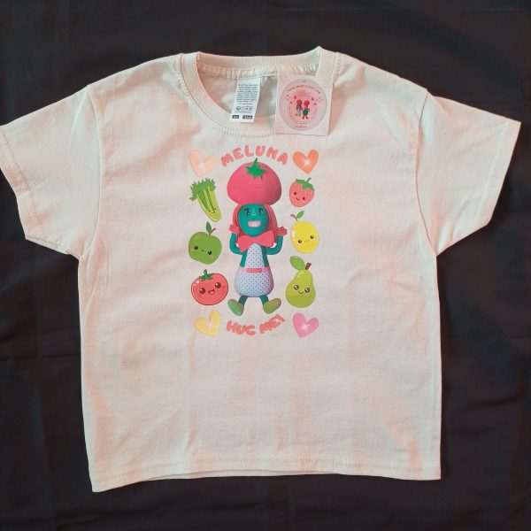 Front view of Miss Cutesy Meluna white T-shirt with a cheerful plushie-themed design.