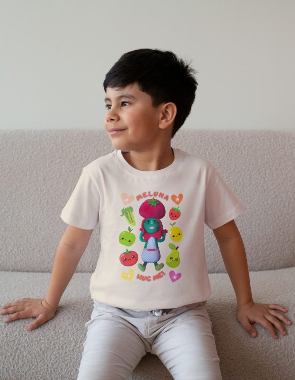 4-year-old boy wearing a natural colour cotton T-shirt with Miss Cutesy Meluna character printed on the front