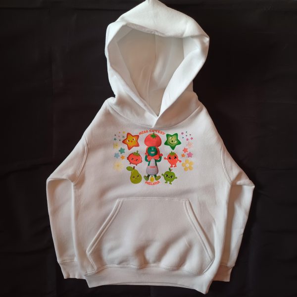 Front view of Miss Cutesy Meluna white hoodie featuring a colourful plushie-themed logo.