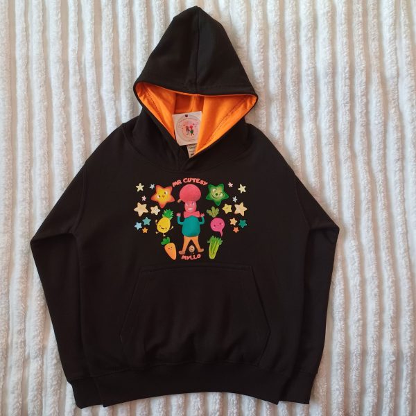 Front view of Mr Cutesy Myllo black hoodie with a bold and cheerful logo.