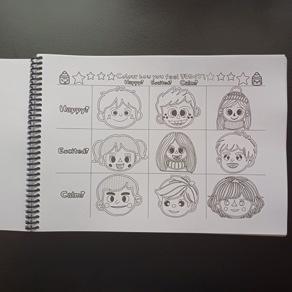 Black-and-white page of Mr Cutesy Myllo and Miss Cutesy Meluna showing sad, happy, and excited expressions for kids to colour.