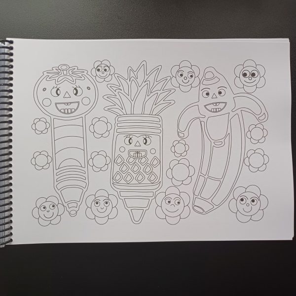 Black-and-white colouring page of a banana, a tomato pencil, and a pineapple pencil.