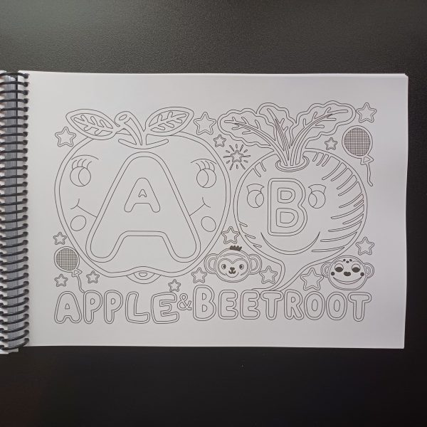 Black-and-white colouring page of the alphabet with playful designs around each letter.