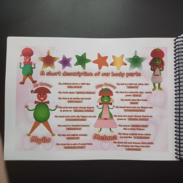 Colour page inside the colouring book showing characters’ body parts represented by fruits and vegetables.