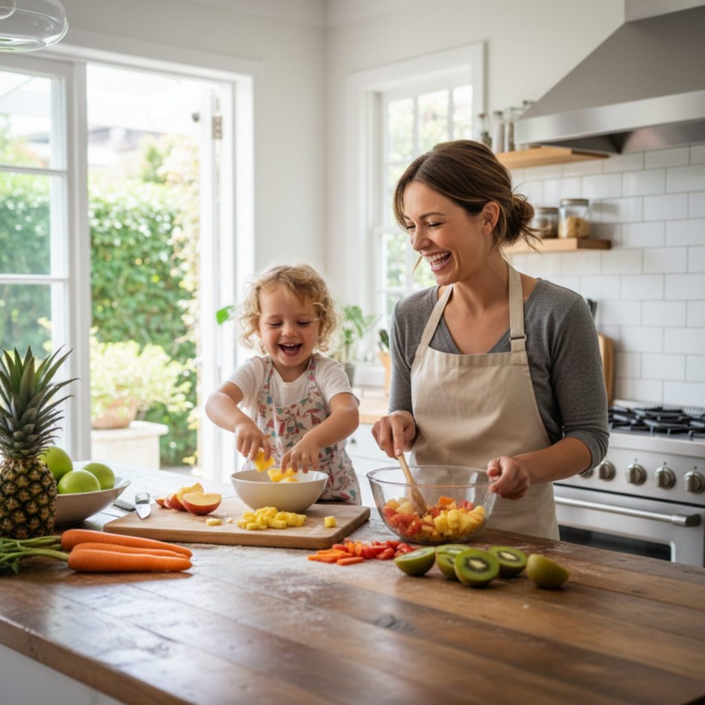 Parent and child laughing while preparing colourful vegetables together in the kitchen.