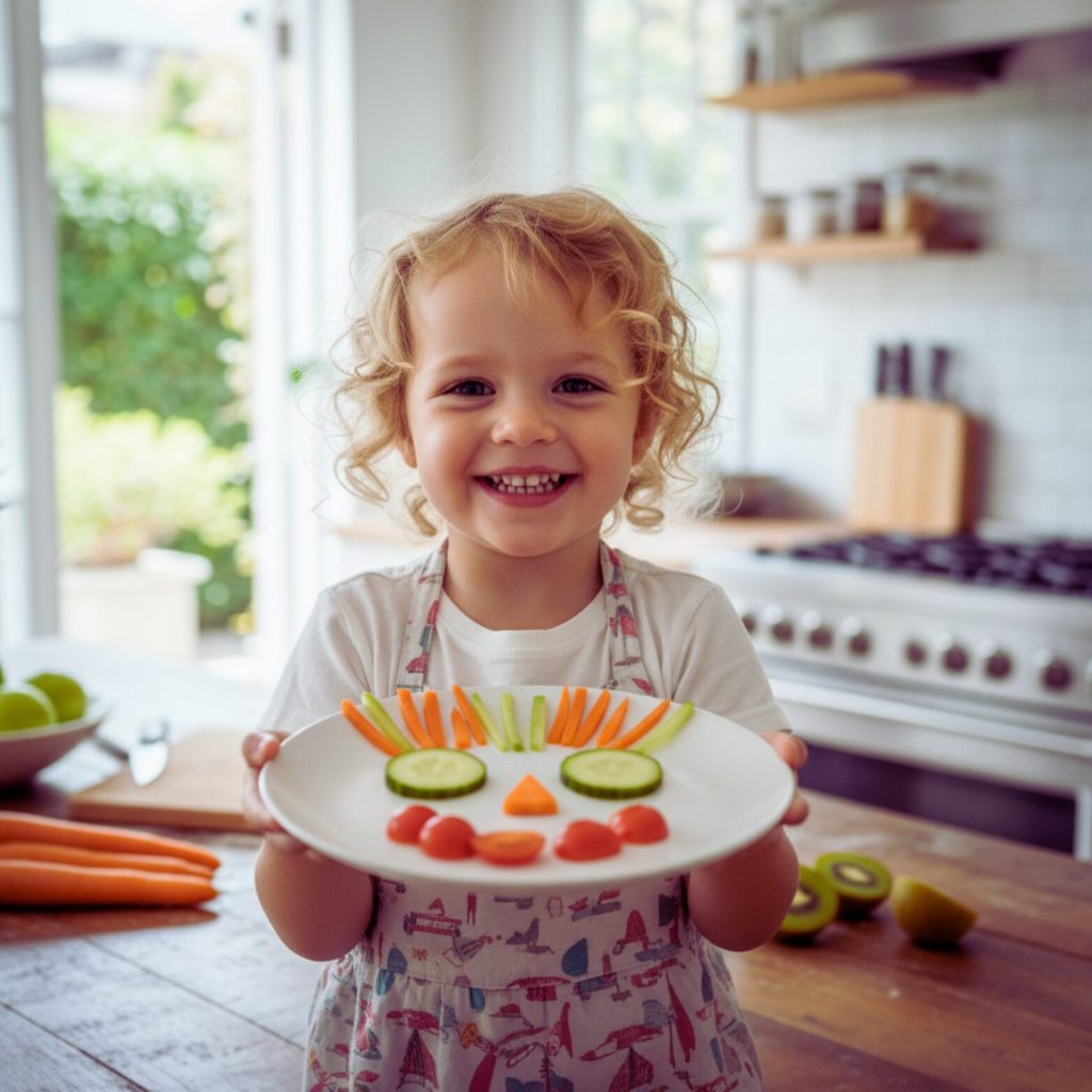 Child holding a plate with a fun vegetable face made from carrots, cucumber, and tomatoes. Title: Playful Veggie Face Plate