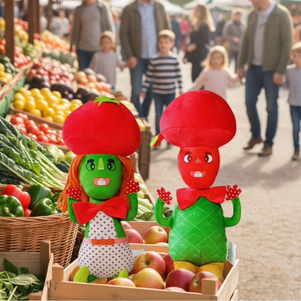 Mr. Cutesy Myllo and Miss Meluna plush toys surrounded by colourful fruit and vegetables.