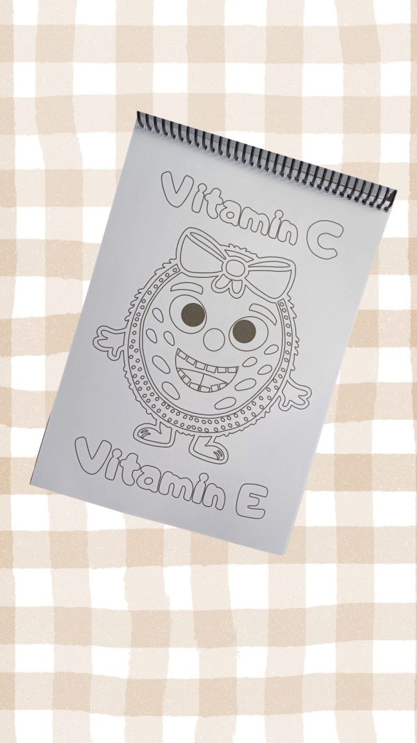 Inside pages of colouring pages, portrait orientation kiwi vitamin-packed fruit