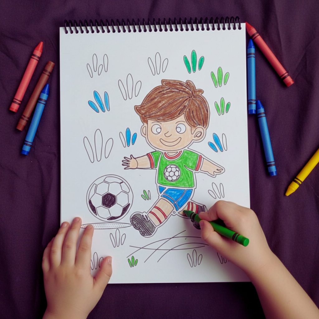 MnMCutesy Colouring Page, Boy kicking a ball showing activity