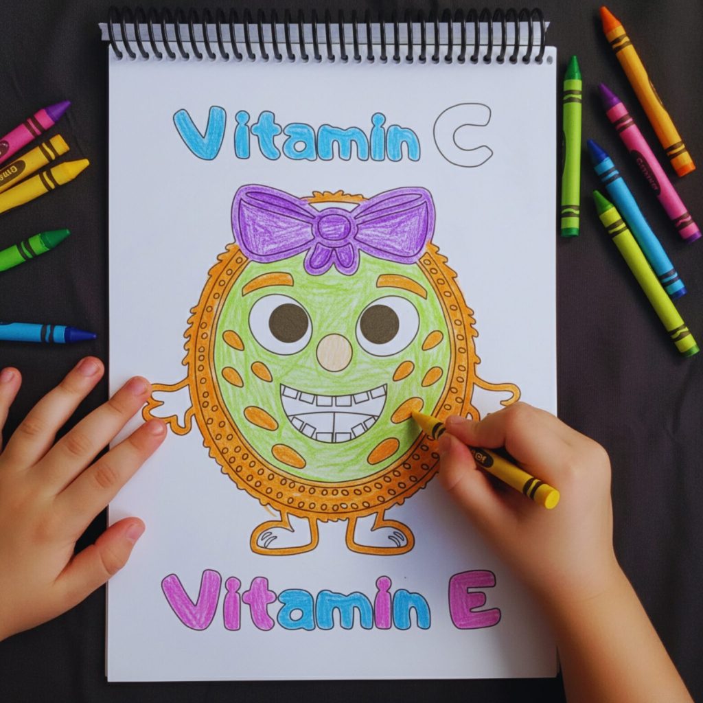 A colouring page MnMCutesy Book to promote fruit and veg consumption