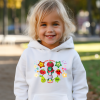Front view of Miss Cutesy Meluna white hoodie featuring a colourful plushie-themed logo.