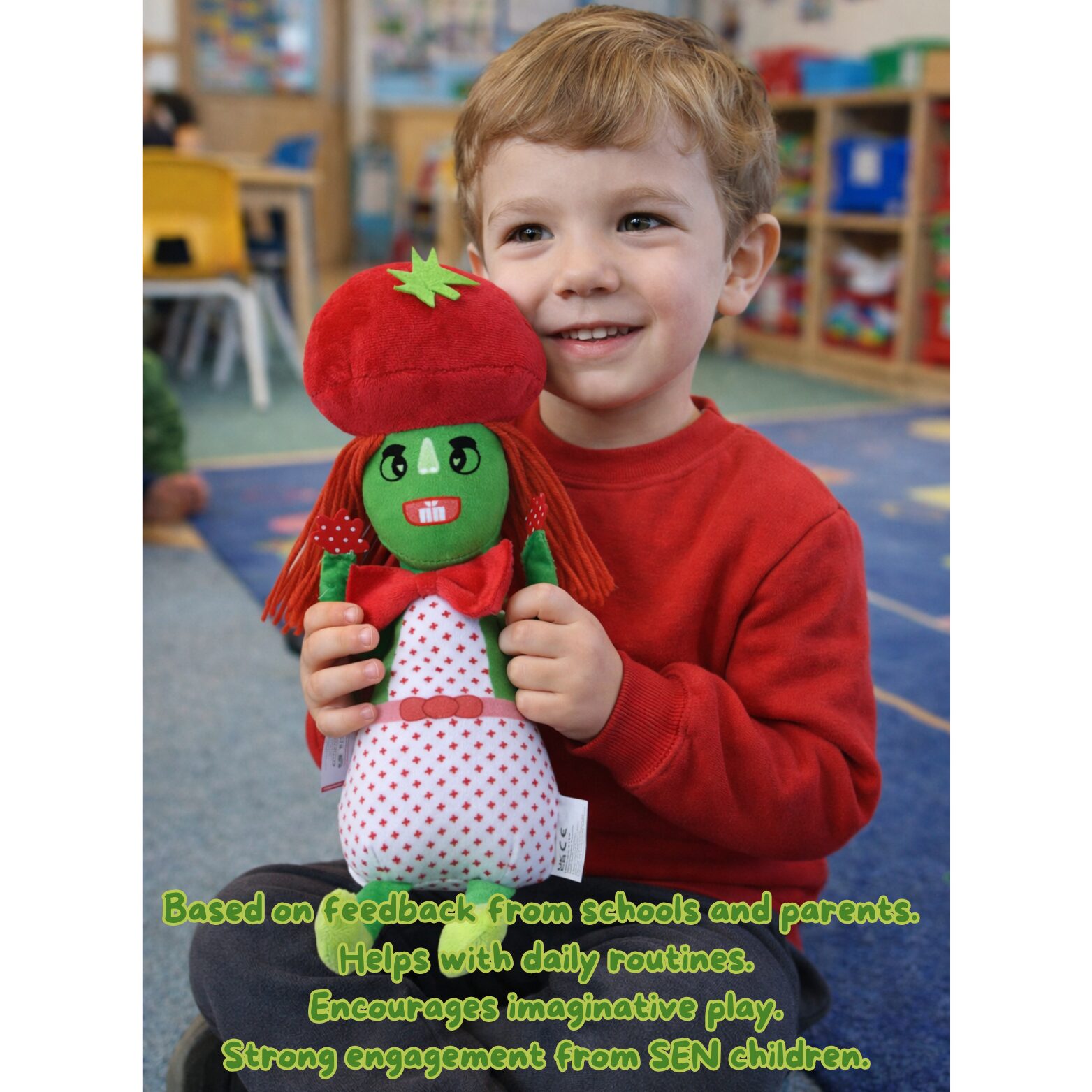Plushie Meluna held by a child at school