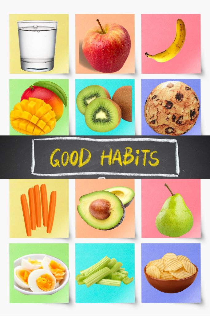 Habit tracker sticky note calendar decorated with colourful fruit stickers