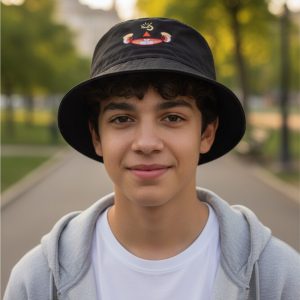Teen boy outdoors wearing Myllo bucket hat with adjustable cord