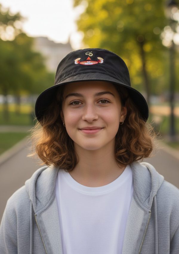 Young girl wearing Myllo bucket hat, brim showing Myllo’s face embroidery