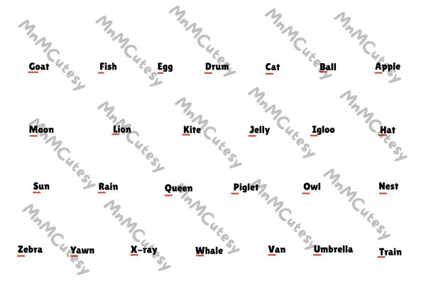 Reverse side with a list of words for each letter, with the letter underlined for easy spotting.