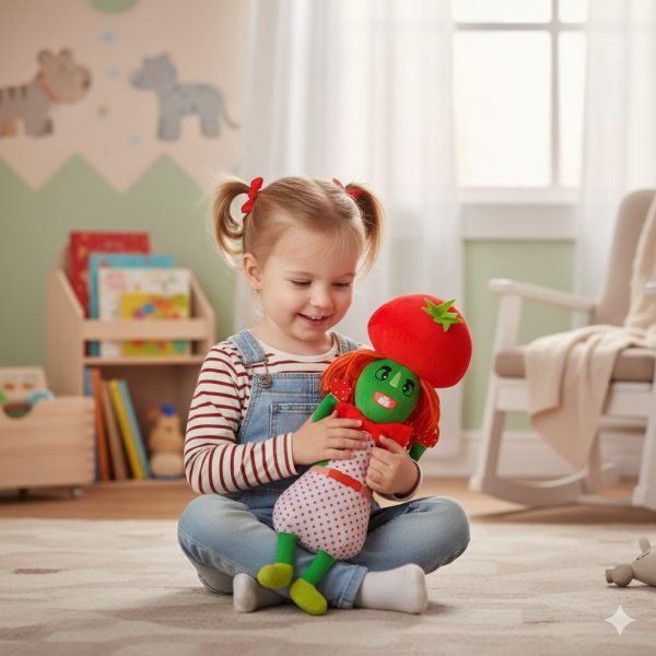 A toddler girl is smiling while holding the Meluna plushie close. She looks happy and comfortable, showing the toy’s comforting presence.
