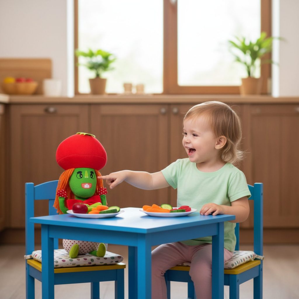 Meluna plushie sits at a small table with a toddler. Both are smiling and having fun while eating fruits and vegetables from their plates.