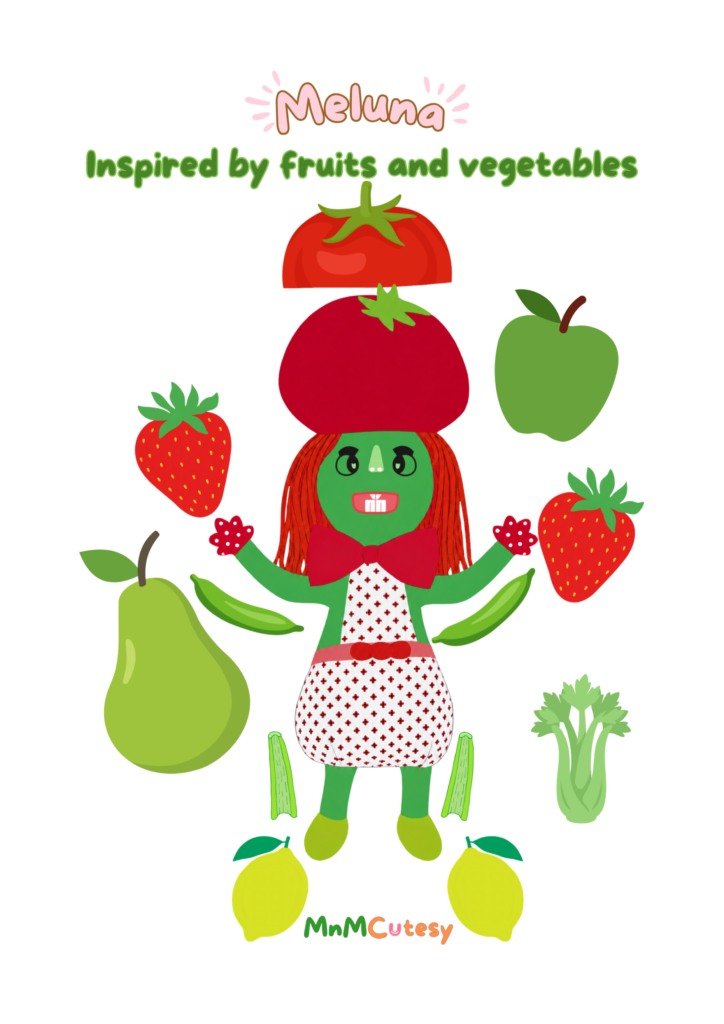 Illustrated Meluna's version surrounded by fruits and vggies that she is made of