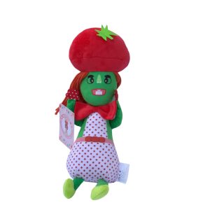 Front view of Miss Cutesy Meluna plush toy, 34cm tall, with bright eyes, cheerful smile, and signature red hair