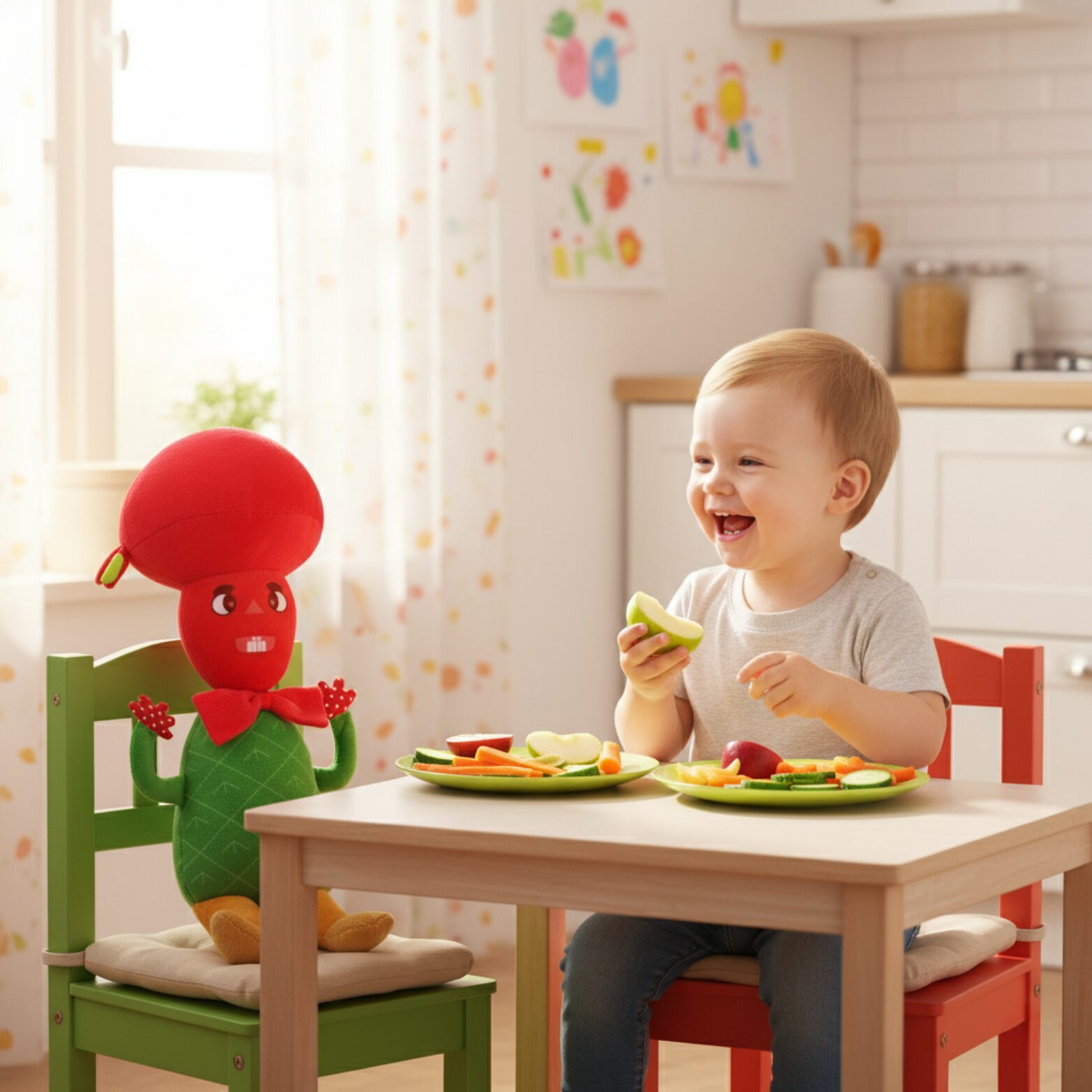Myllo and toddler enjoying fruits and veggies together
