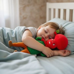A plush toy character, Myllo, lies beside a toddler in bed. The child is peacefully sleeping, hugging Myllo for comfort.