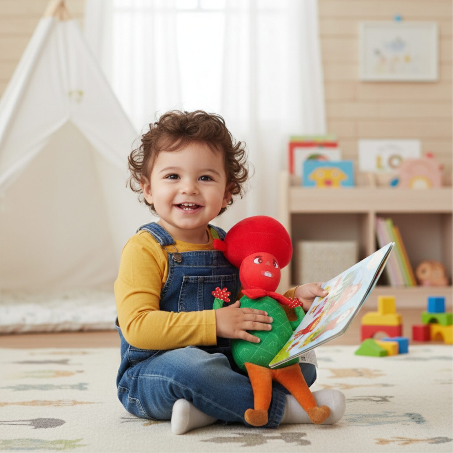 Toddler with the plush in his arms and the book having a piecful time togther