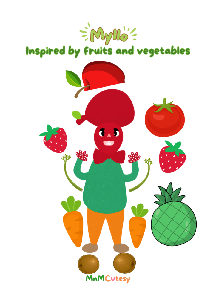 Myllo illustrated image showing what he is made of, multiple veggies and fruits