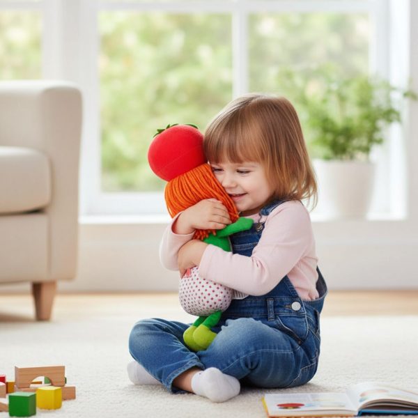 A child squeezes the Meluna plushie tightly in their arms, showing affection and the comfort the toy provides.