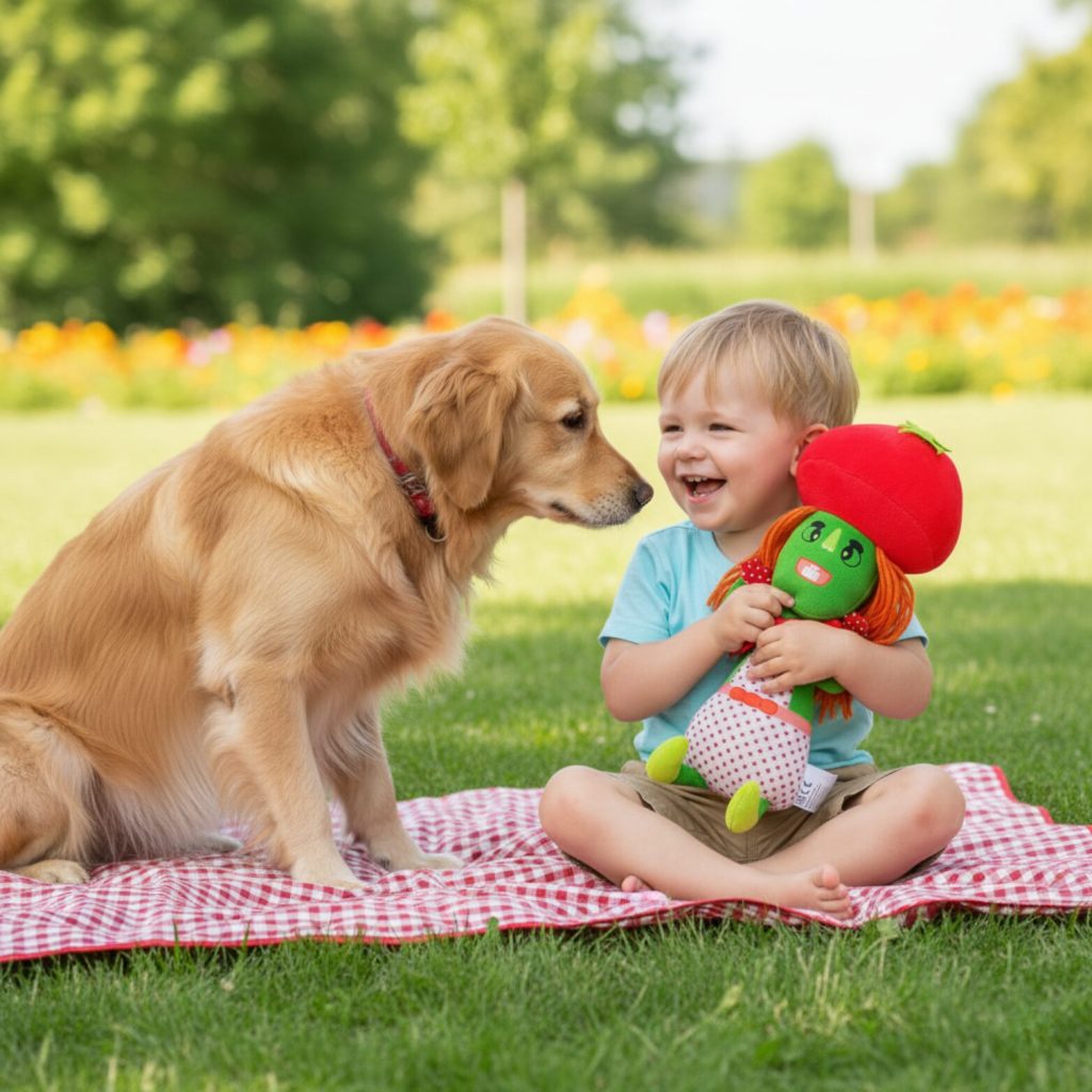 A toddler happily hugs the Meluna plushie while standing outside with a dog nearby. The child looks joyful and comfortable holding Meluna.