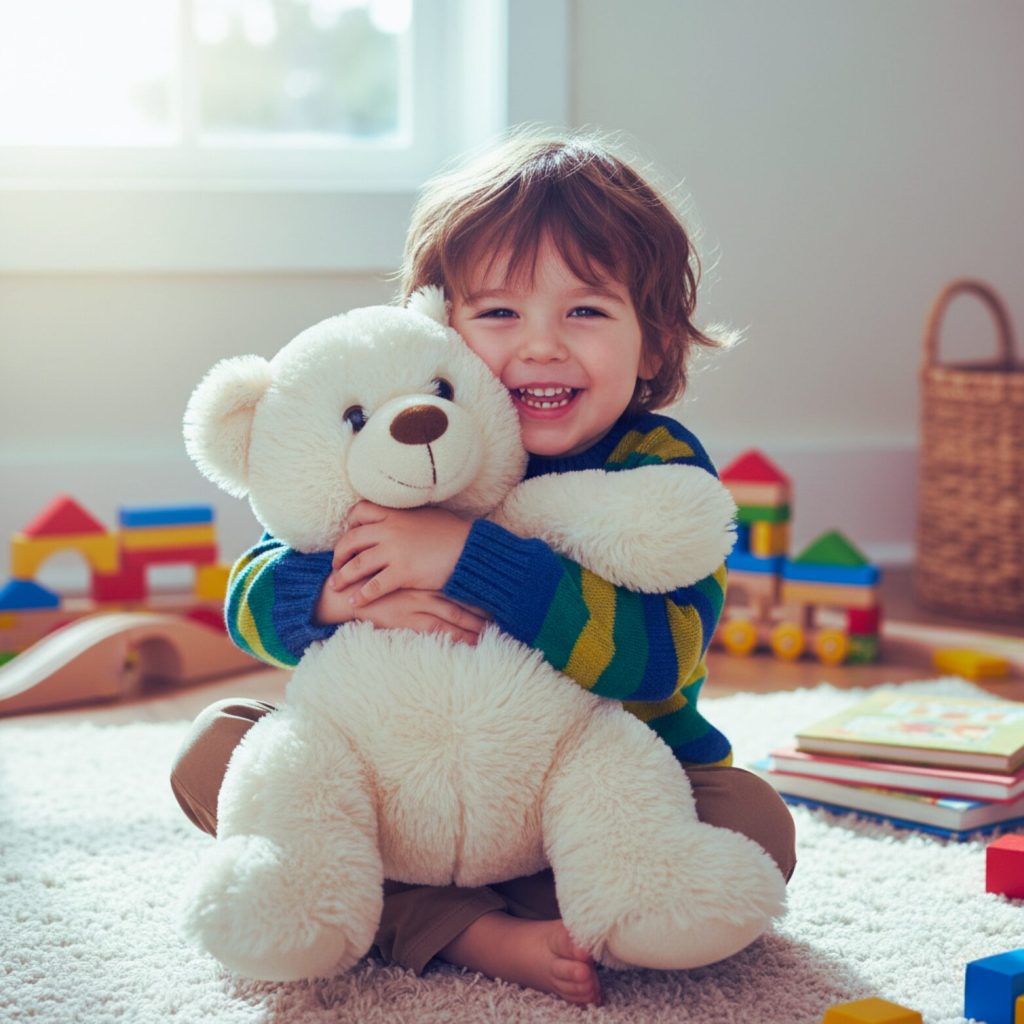 A child hugging a soft toy with a happy smile.