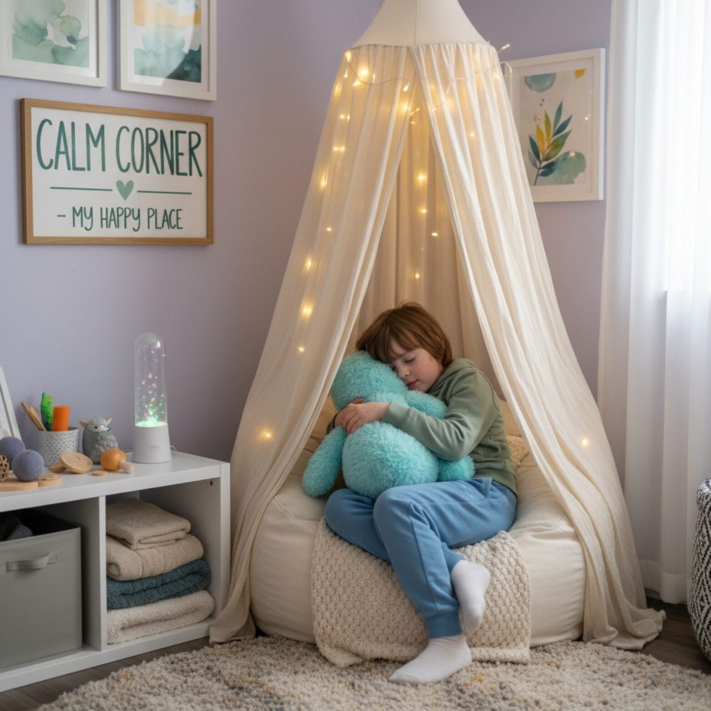 Autistic child sitting quietly on a soft cushion, cuddling a plush toy in a calm, cosy corner at home.