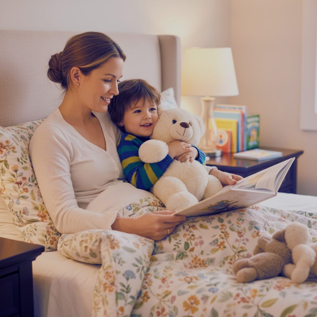 Parent reading a story to a child holding a plush toy in bed.