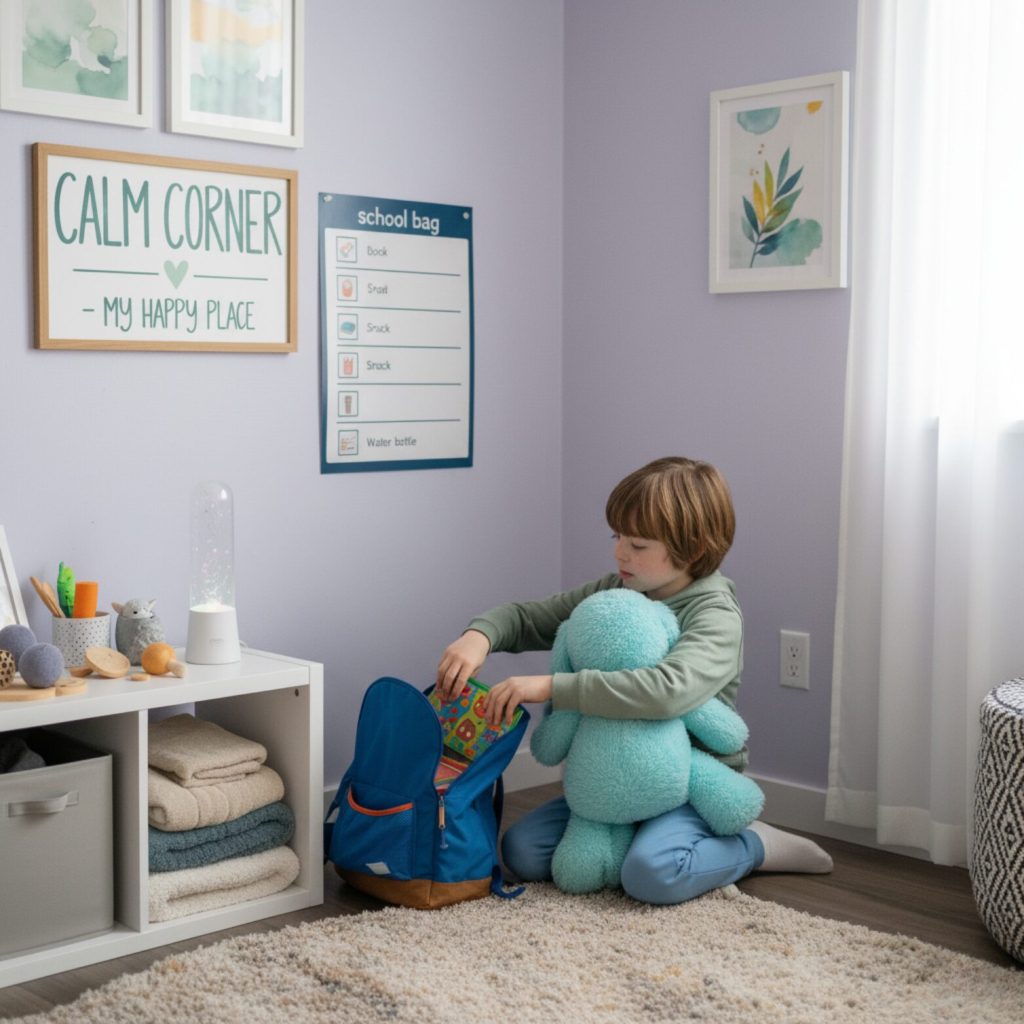 Child with autism packing a small teddy bear into their school bag using a simple visual checklist.