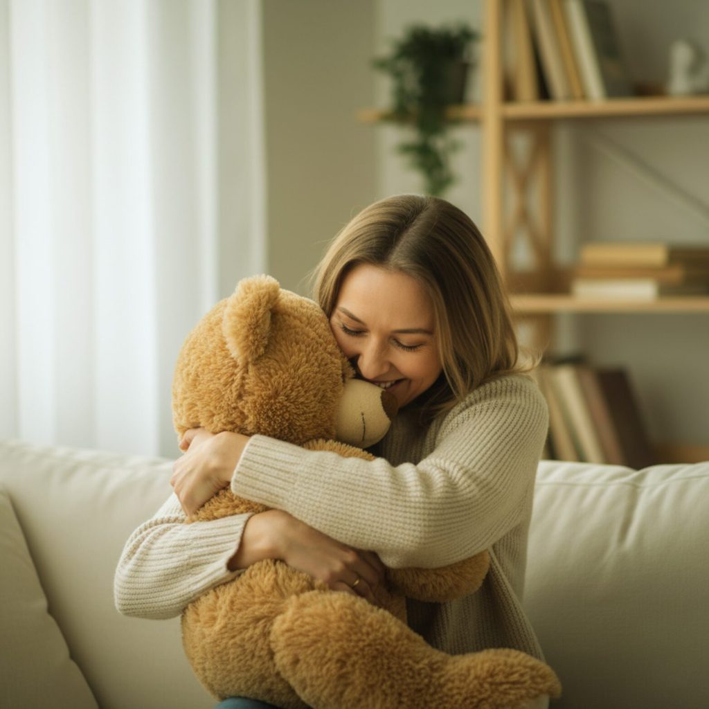 A woman holding a teddy bear close to her chest with a gentle, comforting smile.