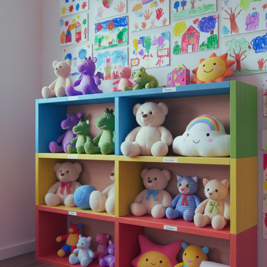 Plush toys placed on a colourful classroom shelf surrounded by artwork.
