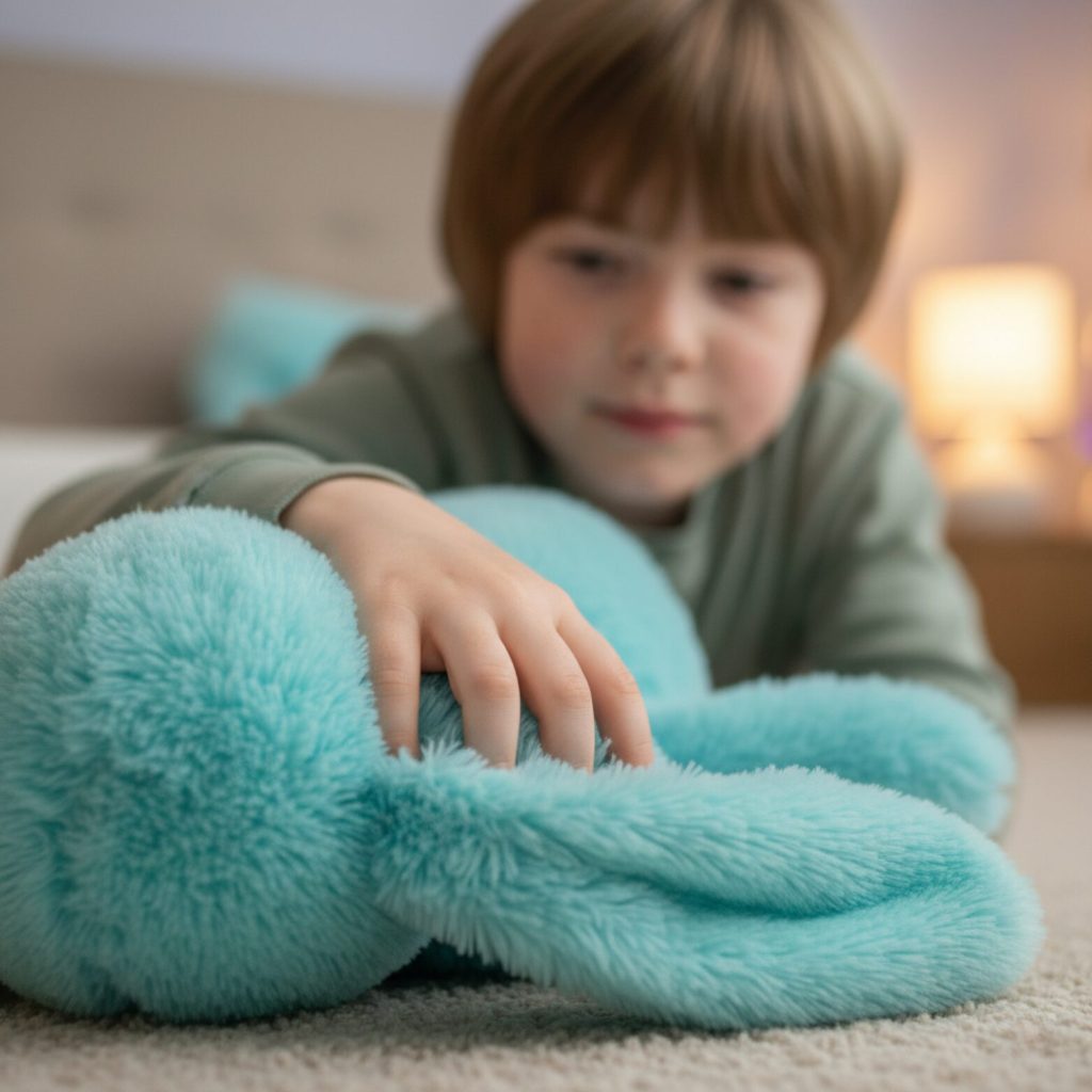 Autistic child running fingers through the soft fur of a plush toy during sensory play.