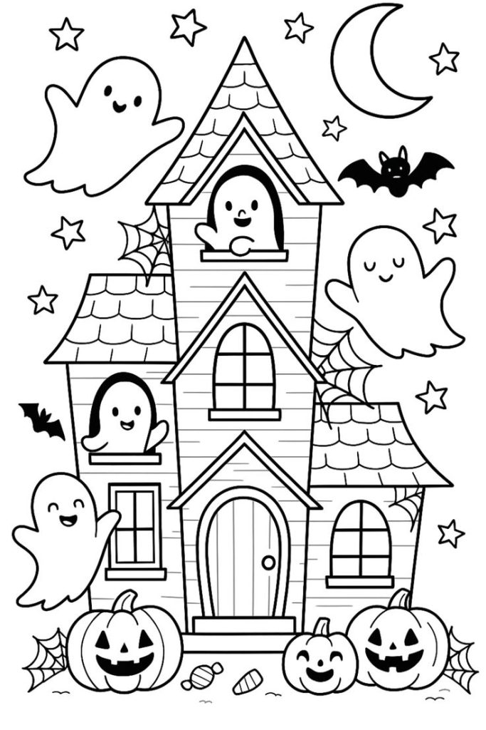 A spooky house, a Halloween colouring drawing for kids.