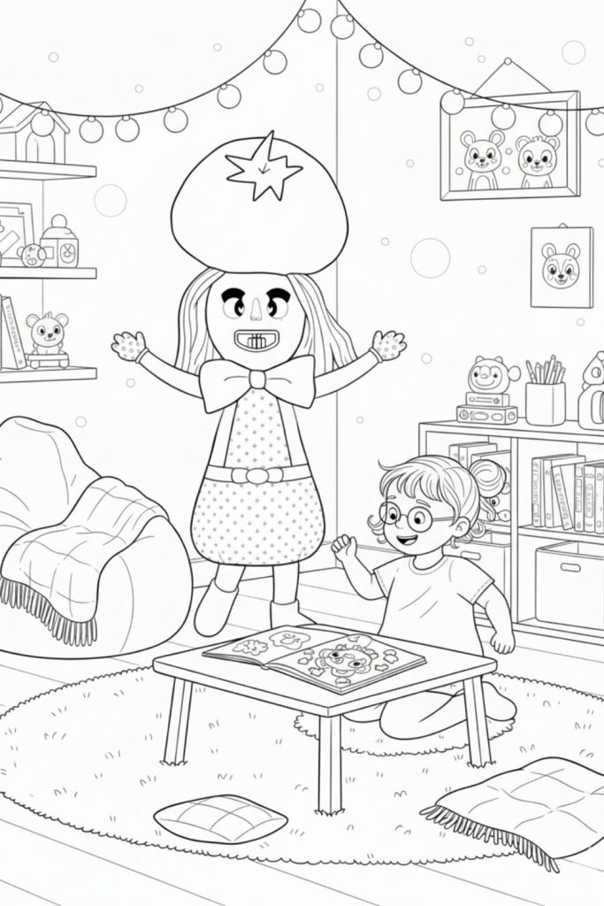 Meluna in a child's cosy room helping a child stay active, calm the child's mind, through colouring.