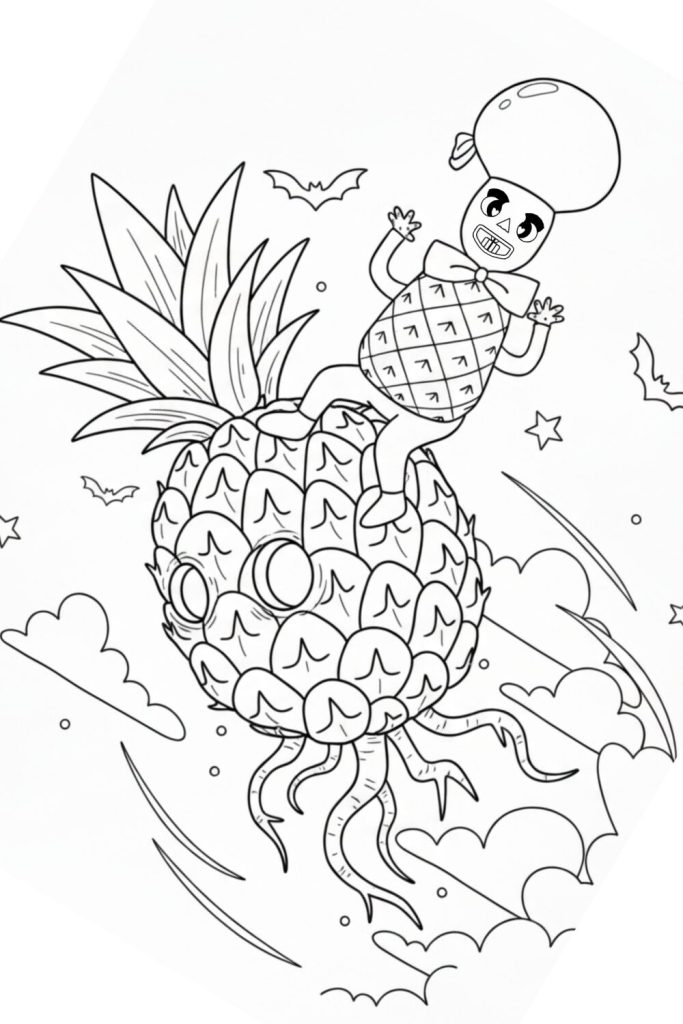 Myllo is flying on a giant pineapple on his body!