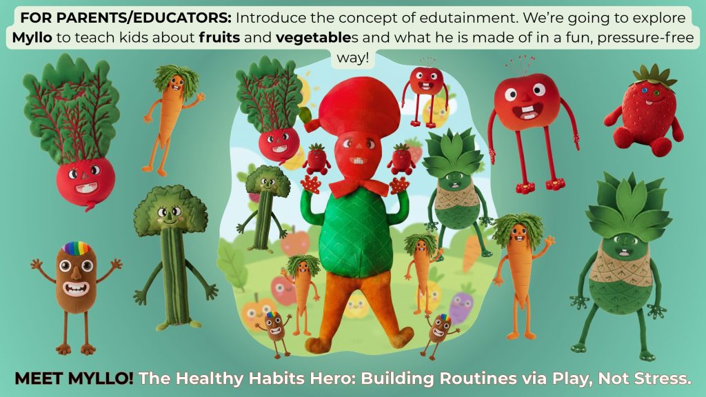 Myllo the plush veg and fruit plush surrounded by his fruit and vegetable friends, introducing the concept of edutainment and healthy habits via play.