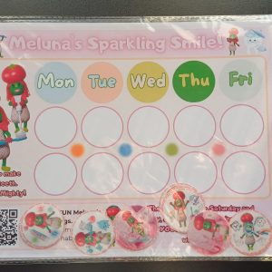 omplete Meluna routine tracker kit showing A4 chart and 12 hand-cut 40mm holographic reward stickers.