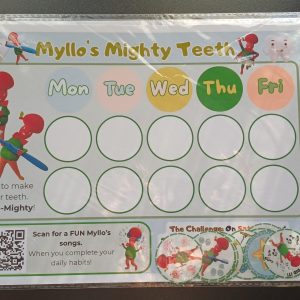 Complete Myllo routine tracker kit showing A4 chart and 12 hand-cut 40mm holographic stickers ready for use.