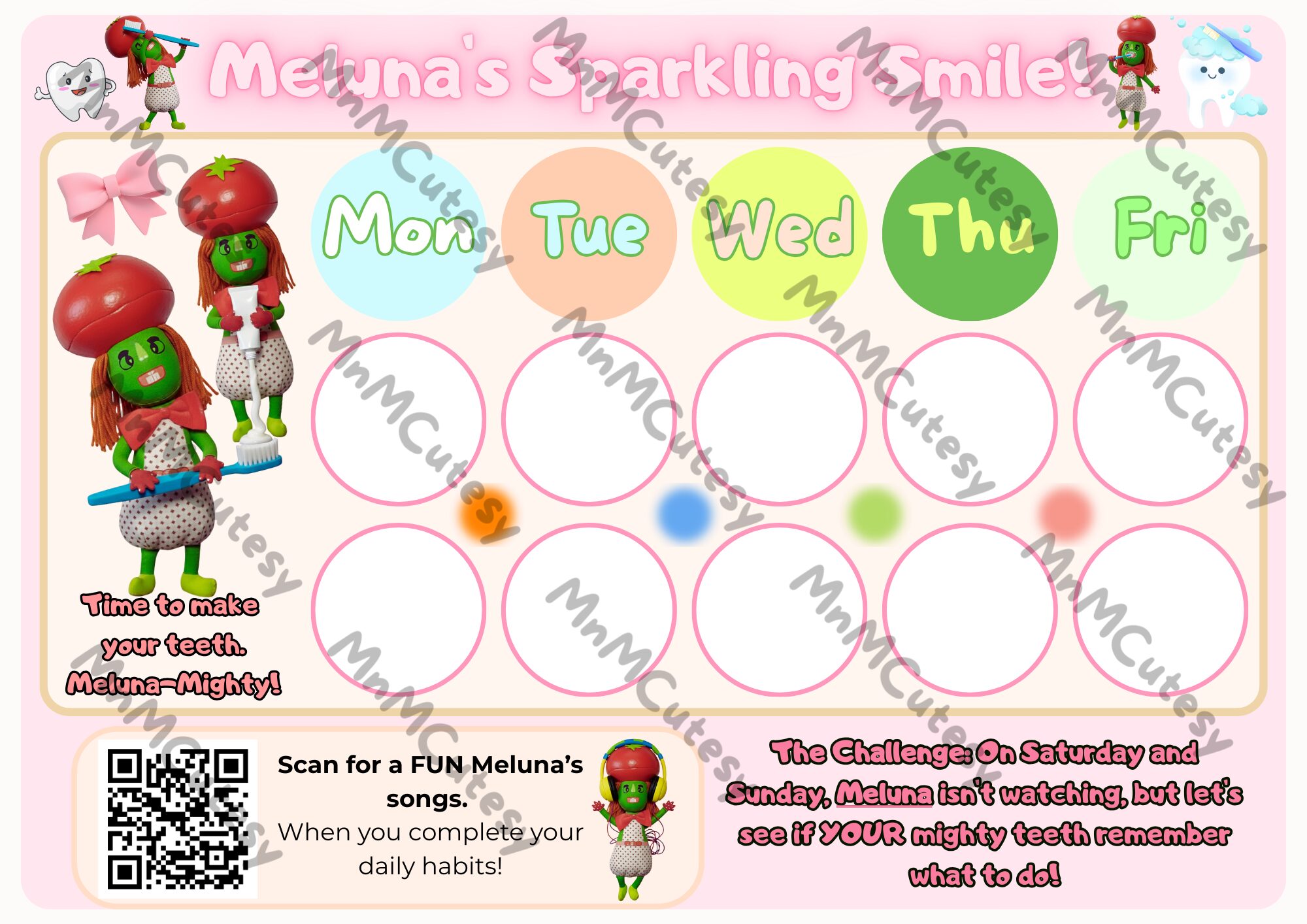 Miss Cutesy Meluna 5-day visual routine chart printed on 230gsm matte photo paper to reduce glare for sensory sensitivity.