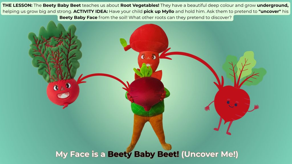 Myllo's face is a red beetroot (Beety Baby Beet). This slide teaches kids about root vegetables and where food grows underground.