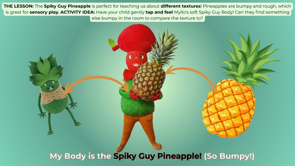 Myllo's body is a pineapple (Spiky Guy Pineapple). This slide introduces the concept of bumpy texture and sensory comparison.
